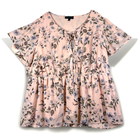 Lane Bryant Top Womens Sz 24 Flutter Sleeve Floral Crochet Elastic Waist V-Neck - Picture 1 of 10
